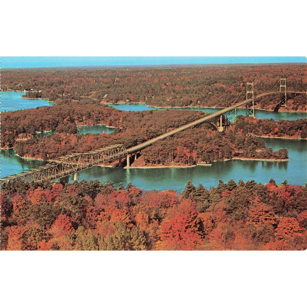 Vintage Ivy Lea Bridge Postcard 1000 Islands Ontario Canada Aerial Fall View